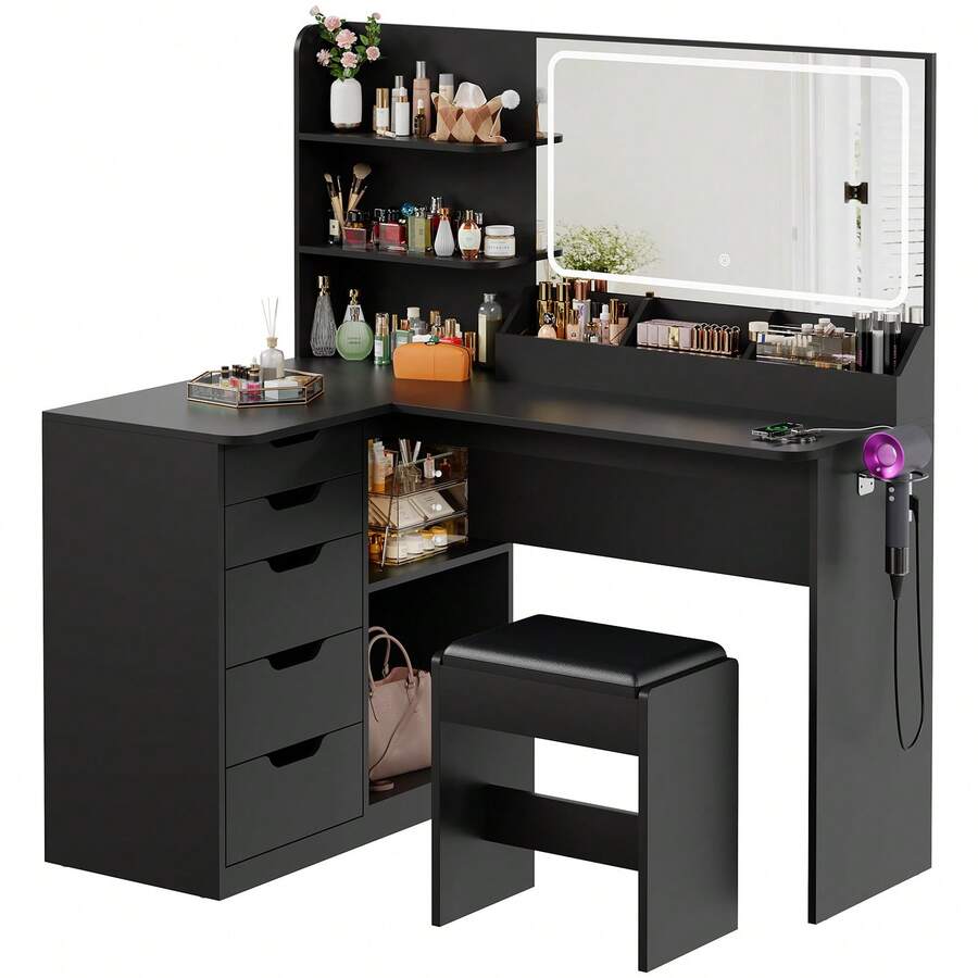 Devoko Corner Dressing Table L-Shape With Mirror, LED Lighting 3 Brightness Levels, Stool, 5 Drawers, Socket And Hairdryer Holder, White/Black - View 1