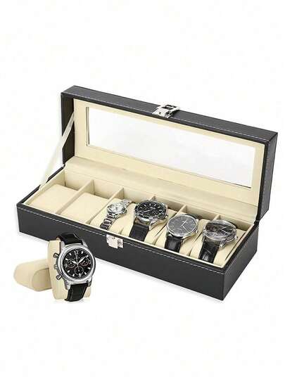 Caja para relojes con 6 compartimentos, caja para relojes con tapa de cristal, cojín extraíble, cierre metálico, idea de regalo, piel sintética negra y forro blanco,Caja para Reloj,Caja Organizadora de Relojes con Tapa Transparente