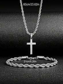 2 piezas Pulsera de acero inoxidable con trenzado minimalista y collar con colgante de cruz trenzada, regalo elegante adecuado para amigos, familia, fiestas y uso diario - Multicolor - Ver 9