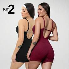 Set Of 2 Ribbed Jumpsuits With Straps For Women's Gym And Sportswear - Fitness - Burgundy - View 8