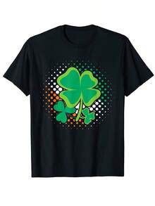 Women's Classic Black Cotton T-Shirt With A Vibrant Green And Orange Shamrock Print – A Lucky Design For St. Patrick's Day. Breathable Regular Fit, Machine Washable, Perfect For Casual, Travel, Sports, And Spring/Summer Wear. - Black - View 1