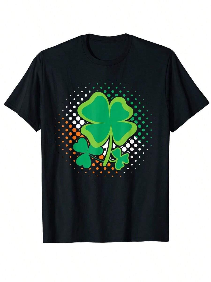Women's Classic Black Cotton T-Shirt With A Vibrant Green And Orange Shamrock Print – A Lucky Design For St. Patrick's Day. Breathable Regular Fit, Machine Washable, Perfect For Casual, Travel, Sports, And Spring/Summer Wear. - Black - View 1
