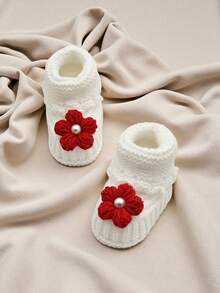 1 Pair Handmade Infant Knit Booties With Flower, White Infant Crib Shoes - Red - View 5