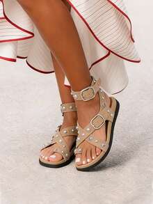 Flat Sandals For Women Casual Bohemian Retro Sandals Strappy Adjustable  Open Toe Sandals Comfortable Beach Summer Thong Studded Flip Flops - 杏色 - 查看 7
