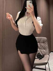 1 áo sơ mi ngắn tay + 1 chân váy cạp cao màu đen, đồng phục chân váy cạp cao gợi cảm dành cho kỹ thuật viên hộp đêm, trang phục thư ký, trang phục người dẫn chương trình, bộ đồ lót gợi cảm dành cho nữ. - trắng - Xem 5