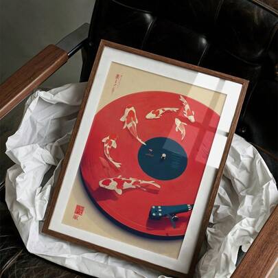 1pc Japanese Koi Record Player Artwork, Modern Asian Style Wall Decoration, Red Vinyl Record Music Print, Symbol Of Harmony And Flow Canvas Poster, Suitable For Home Decoration, Room Decoration, Bedroom Decoration, Living Room Decoration, Bathroom Decoration, Wall Decoration, Optional Framed Wall Art.