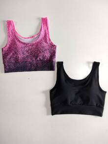 KIT 2 Tops In Suplex With Removable Padding, Double Fabric, Wide Waistband, Comfortable For The Gym Ref.866. Basic Black Cropped Fitness Top With Neon Pink Gradient Tie-Dye Print. - 1 màu đen + 1 màu hồng neon phối gradient - Xem 5