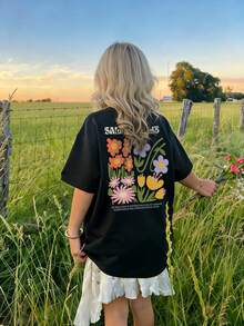 少女学生休闲印花圆领短袖T恤，夏季上衣 - 黑色 - 查看 1