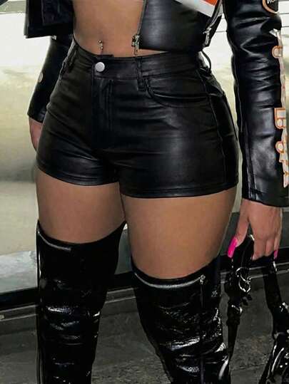 Pantalones cortos con bolsillos en ángulo y cintura alta, estilo casual y sexy de "chica mala"