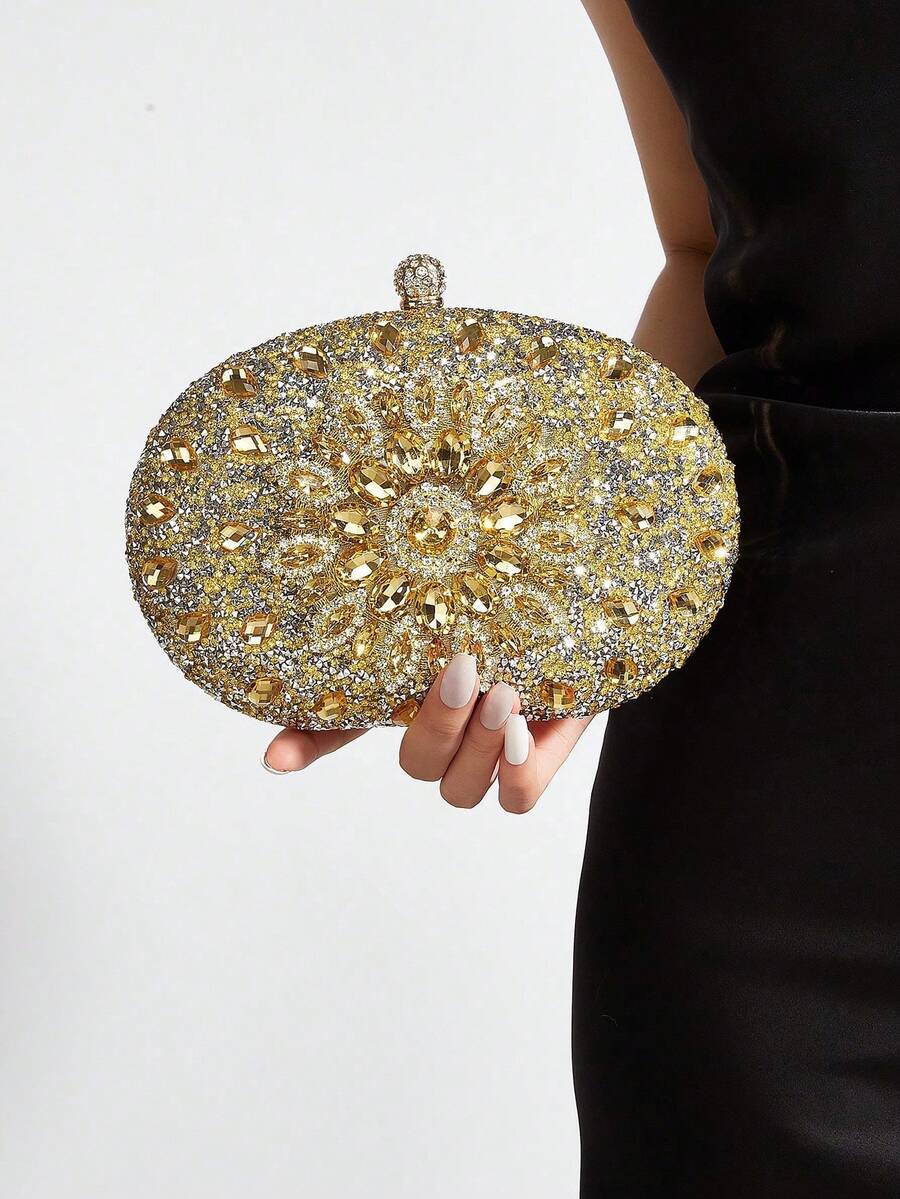 Luxury Goose Egg Shape Crystal Embellished Clutch Bag, Formal Dress Bag, Prom Bag For Party- New Shiny,Glitter Bling Glamorous,Elegant,Exquisite,Quiet Luxury Fashionable Evening Clutch Bag Decorated With Rhinestones Dinner Bag,Evening Bag,Elegant Rhinestone Rhinestone,Crystal Decor,Faux Pearl For Party Girl,Woman,For Lady,Bride Perfect For Party,Wedding,Prom,Dinner/Banquet Best Gift For Women - 金色 - 查看 1