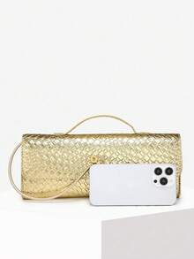 Women's Retro Minimalist Faux Woven Texture Angora Red Vintage Flap Lock Large Capacity Clutch Handbag, Shoulder Bag For Parties, Outings And Daily Use - 金色 - 查看 4
