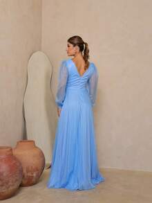 Elegant Women's Long Dress With Long Sleeves And Pleats, Suitable For Bridesmaids, Bridesmaids, Mothers Of The Bride, Groomsmen, Weddings, Graduations, And Evangelical Fashion. - 寧靜藍 - 查看 2
