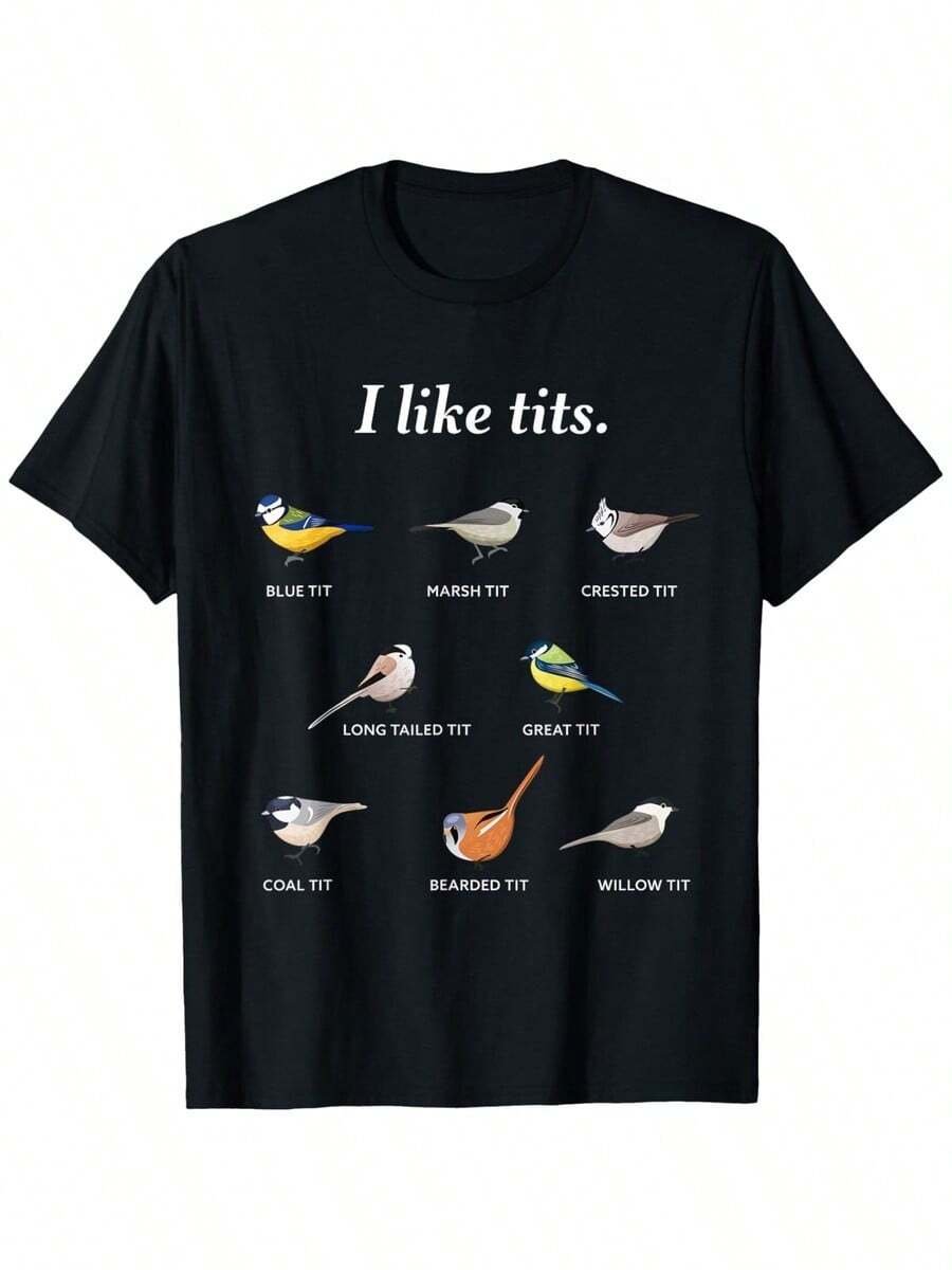 I Love ! Humorous Birdwatching T-Shirt - 180g Pure Cotton, Loose Fit, Printed With 6 Brightly Colored Bird Images And Quirky Text, Durable And Versatile, An Ideal Choice For Bird Lovers (S-XXXL Sizes, Black) - The Perfect Gift For Nature Enthusiasts. - Black - View 1