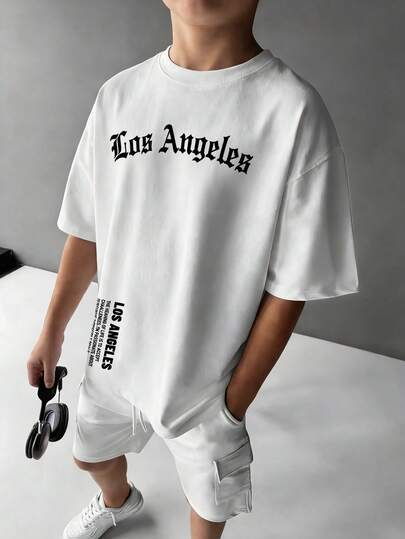 1pc Boys' Casual Printed Round Neck Short Sleeve T-Shirt, Summer Student Youth Apparel - Colorful Letter Print T-Shirt Brings Joy And Happiness To Every Child! LOS ANGELES