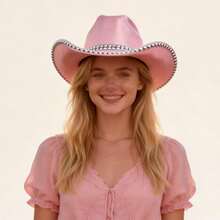 Rivets Metallic Cowgirl Hat Women Men Shiny Western Panama Jazz Hat For Wedding Rave Party Travel Accessories - B-Pink - View 2