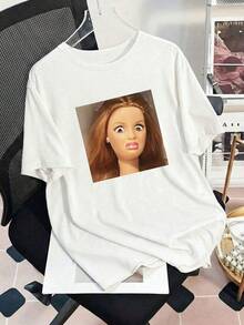 Women's Casual Surprised Expression Print Round Neck Short Sleeve T-Shirt, Suitable For Spring, Summer And Autumn White - White - View 6