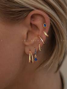 6pcs/Set Elegant Navy Blue Zirconia Earring Set, Suitable For Party, Holiday, Date Or Wedding - Yellow Gold - View 1