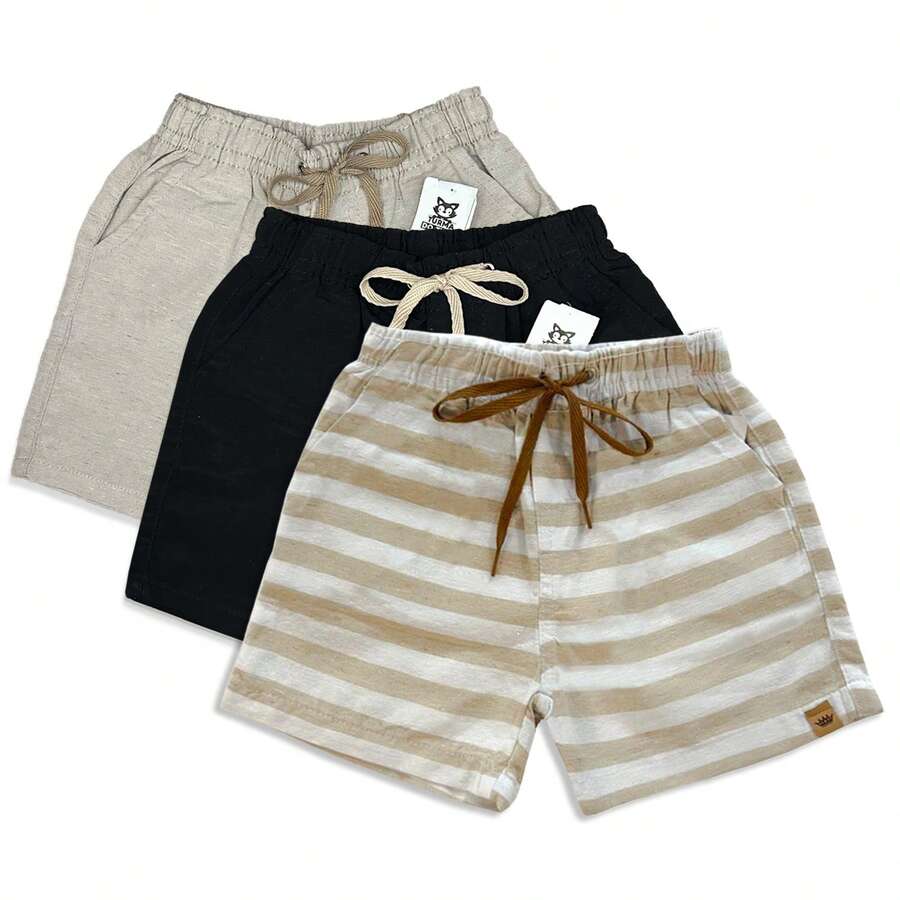 Set Of 3 Premium Linen Shorts For Children And Teens, Bermuda Style, Sizes 2-16 - 摩卡棕 - 查看 1