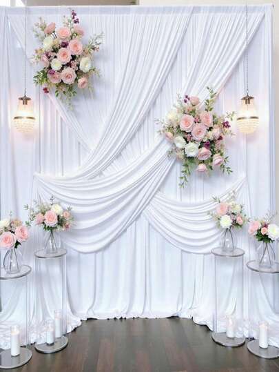 1pc/2pcs White Satin Backdrop Curtain, Wedding Birthday Decor, Solid Color Photography Backdrop Curtain For Birthday Engagement Wedding Party, Ceremony Stage Decor, Suitable For Living Room Office Bedroom Home Decor (Excluding Stand)