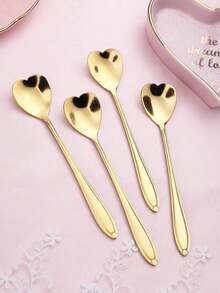 4pcs/Set Stainless Steel Short Handle Heart-Shaped Coffee Stirring Spoons, Christmas Gift - Gold - View 1