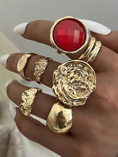 9/7/6/5 piezas Juego de anillos vintage elegante casual con estilo de moneda en tono dorado, incluye piedras preciosas de resina coloridas, ojo de tigre, ojo de gato, corazón, flor, sol, estrella, luna, cruz, diseño de elementos múltiples en forma de lágrima, adecuado para uso diario, vacaciones, citas, bodas, fiestas, opción de regalo perfecta