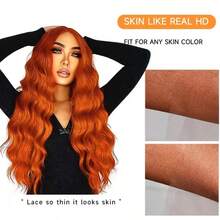 350g Orange Wavy 13x4 Lace Front Wig, Seamless Hairline, Suitable For Cosplay, Daily, Party, Heat Resistant Fiber, Wedding Gift - S350 - View 5