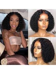 女士蓬松卷曲波波头蕾丝前额真人发假发 1B 自然黑 13X4 耳到耳蕾丝前额假发 200% 密度 真人处女发 Jerry Curly - Natural Black - 查看 1