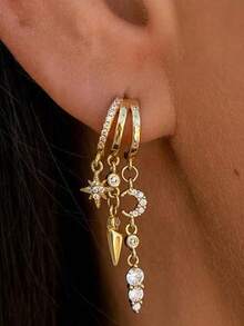 1 Pair Minimalist Luxury Crescent Moon Asymmetric Earrings, Shiny Chain Tassel Design, Suitable For Party, Gift, Commute And Daily Wear - Gold - View 1