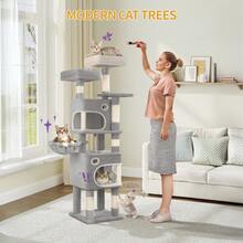 Hzuaneri 159cm Cat Tree For Indoor Cats, Cat Tower, Multi-Level Cats Condo With 8 Scratching Posts, 3 Platforms, 2 Caves, Basket, Sisal Rope, Anti-Tip Kit, Light Grey - Light Grey - View 3