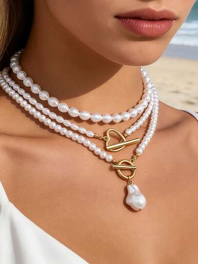 3件套经典不对称仿珍珠串珠心形吊坠项链套装，几何多层可拆卸项链，适合日常、派对、海滩、比基尼等场合，优雅精致，尽显女性魅力。