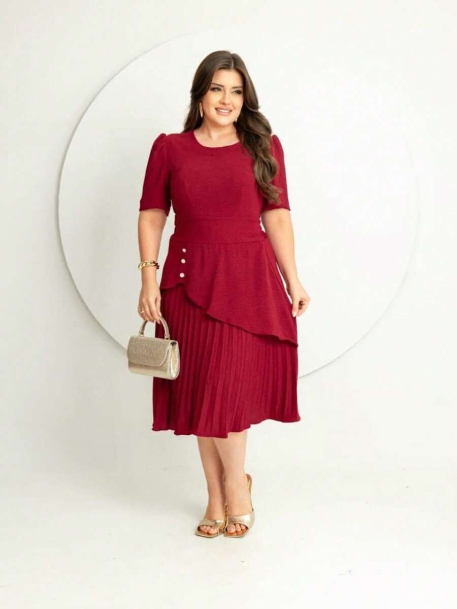 Elegant Casual Button Pleated Wrinkled Holiday Beach - 紅木色 - 查看 1