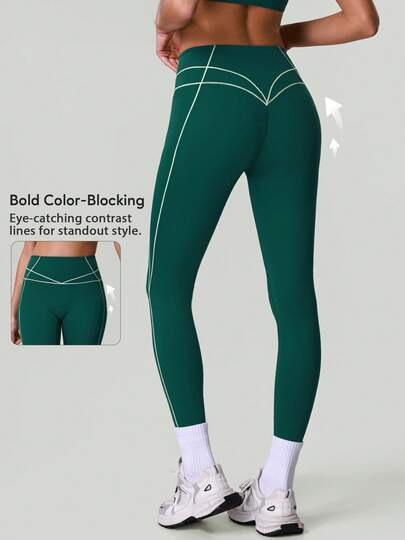Quần yoga nữ cạp cao phối sọc tương phản có túi, quần legging thể thao định hình vòng bụng dành cho chạy bộ.