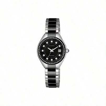 CITIZEN Drive系列水晶黑钻镶嵌时尚经典太阳能石英不锈钢表带日韩风格女士腕表，黑色表盘 EW2558-88E