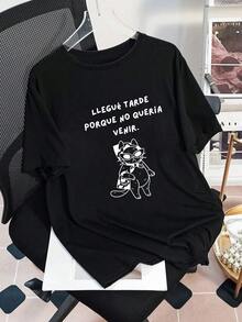 大码女式休闲“LLEGUE TARDE PORQUE NO QUERIA VENIR”字母卡通猫印花圆领短袖T恤，适合春季、夏季、秋季、情人节/返校季穿着。 - 黑色 - 查看 2