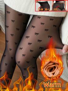 1双装 300克/220克/80克 女士性感透视黑色蝴蝶结连裤袜，商务性感风格，适合秋冬季节，大码可选，保暖内衬，保暖打底（适合0-15°C），舒适 - 黑色 - 查看 3