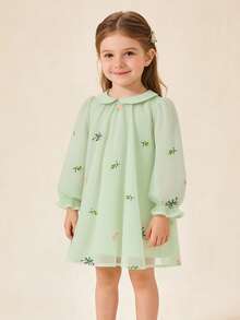 mini bala 2-6岁女婴中国风刺绣网纱连衣裙，柔软甜美，2026春季款 - 綠色調 - 查看 5