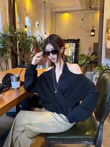 Y6Y 春夏黑色休闲宽松套头卫衣（女款） - 黑色 - 查看 1