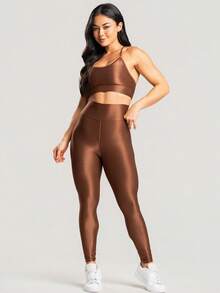 3-Piece Women's Fitness Set – 3 Tops And 3 Shiny Ribbed Leggings With High Waistband - Black + Brown + Green - View 5