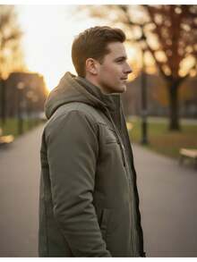 Men's Winter Jacket/Coat In Twill Fabric With Warm Lining And Hood - Army Green - View 4