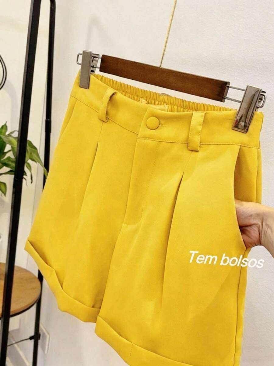 Carnival, Street Party. Jemmy Fashion Tailored Shorts With Elastic Details At The Back, Slimming, Summer Style, Foreign Style, Slimming, Age-Reducing Temperament, Hot Pants, High-Waisted Loose Fit, Wide Legs And Chic Shorts & Solid Colors, Sizes S M L XL, Available In White, Black, Gray, Navy Blue, Beige, Caramel, Brown, Coffee. - 黃色 - 查看 1