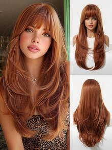 Synthetic Wig Long Wavy Brown Wig For Women Daily Use Synthetic Hair Wigs With Bangs Heat Resistant 28Inches - Burnt Orange - View 6