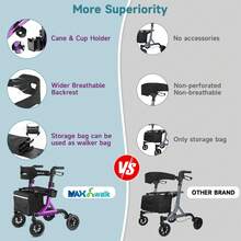 WALK MATE Walkers For Seniors, Rollator Walker With Seat, 8" Rubber Wheels All Terrain Rollator Walker With Backrest, Aluminum Walkers Built-In Cable, Foldable And Adjustable Height For Seniors, Purple - View 8