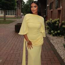 Bright, Elegant, Fashionable, Slim Fit, Party, Street Women's Clothing, Backless, Sexy, Pleated, Loose, Hip Hugging Skirt, One Collar, Tied, Slit Long Dress - 黃色 - 查看 5