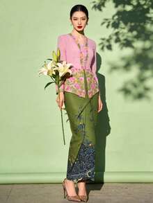 1pc Floral Print Elegant Nyonya Kebaya Skirt For Women, Green Skirt (Top Not Included), Spring/Summer - Dark Green - View 6