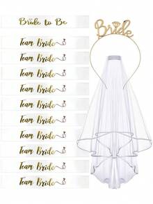 1 Set/13pcs, 3pcs Bridal Shoulder Strap, Headband, Veil Set, Rose Gold Headband, Wedding Photo Props, Bachelorette Party Accessories - Multicolor - View 13