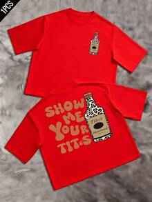 Show Me Your Tito's Slogan With A Leopard Print Vodka Bottle Double Sided 100% Cotton Tshirt Comfort Fit Short Sleeve Round Neck Top - 紅色 - 查看 7