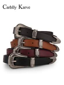 CARBLLY KARVE 1件女士真皮腰带 - 优雅时尚腰带，配金属复古扣，日常佩戴的百搭配饰 - 黑色 - 查看 1