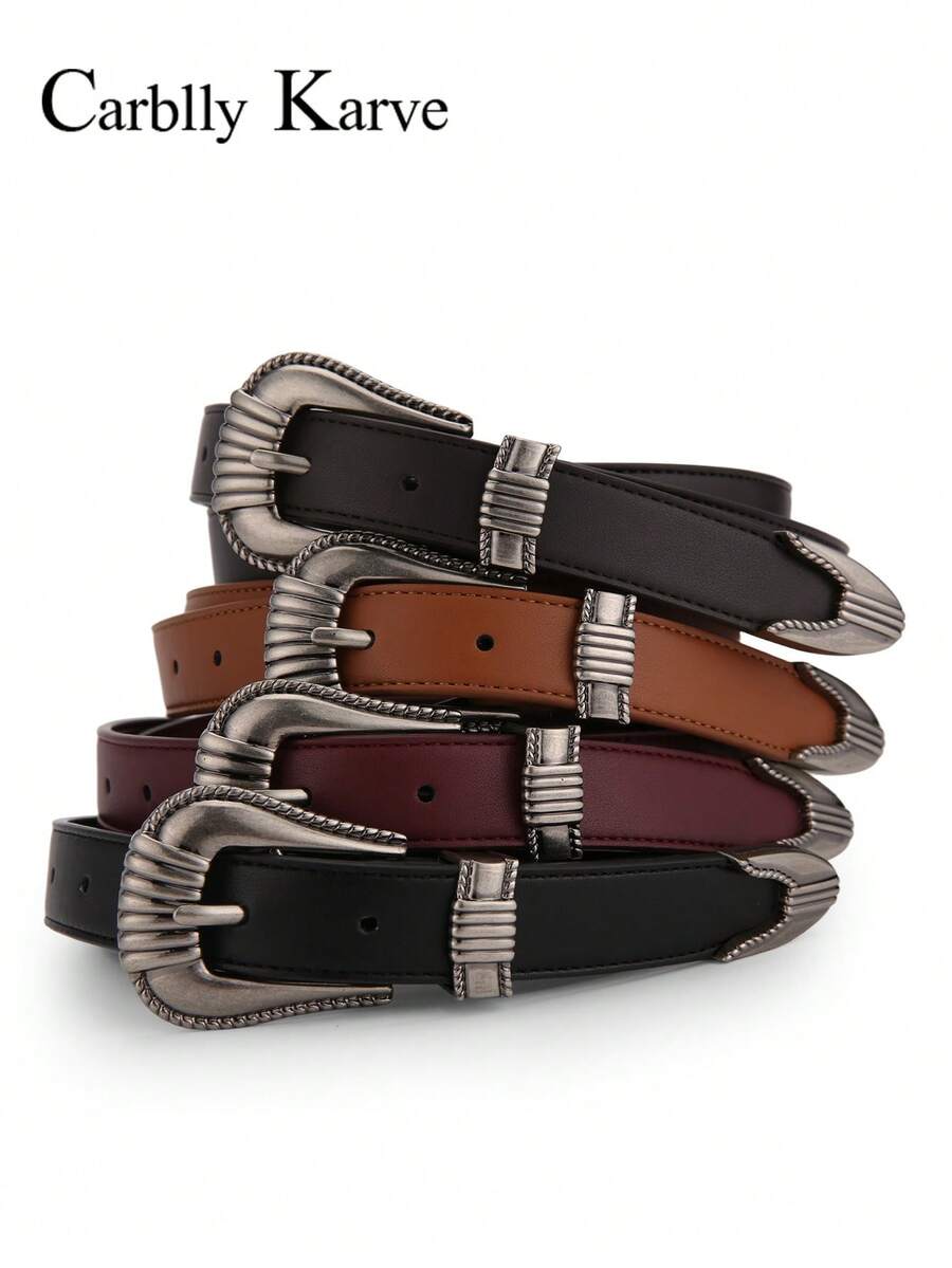 CARBLLY KARVE 1件女士真皮腰带 - 优雅时尚腰带，配金属复古扣，日常佩戴的百搭配饰 - 黑色 - 查看 1