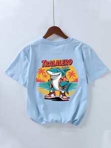 T-shirt à manches courtes col rond imprimé requin de dessin animé pour garçons adolescents, nouveau t-shirt graphique printemps/été pour enfants - Bleu ciel - Voir 3