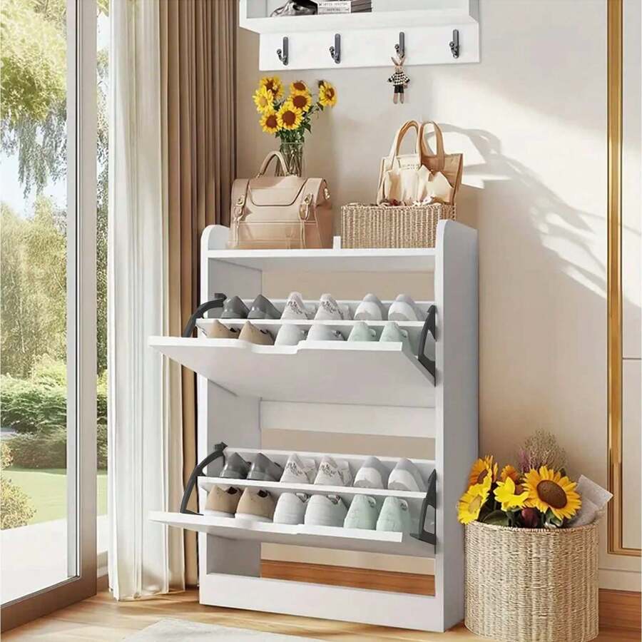 Gabinete para Zapatos con Apertura Giratoria – 2 Cajones, Diseño Ahorrador de Espacio, Ideal para Familias Mexicanas Organizador de Zapatos con Cajones Giratorios – Estilo Moderno, Delgado, Perfecto para Entrada de Casa o Departamento - Ver 1